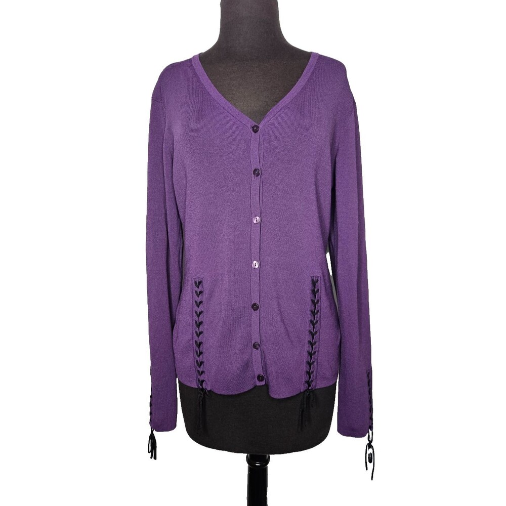 WDNY Y2k Whimsygoth Cardigan Sweater Large V-Neck Purple Lace Up Details Witchy
